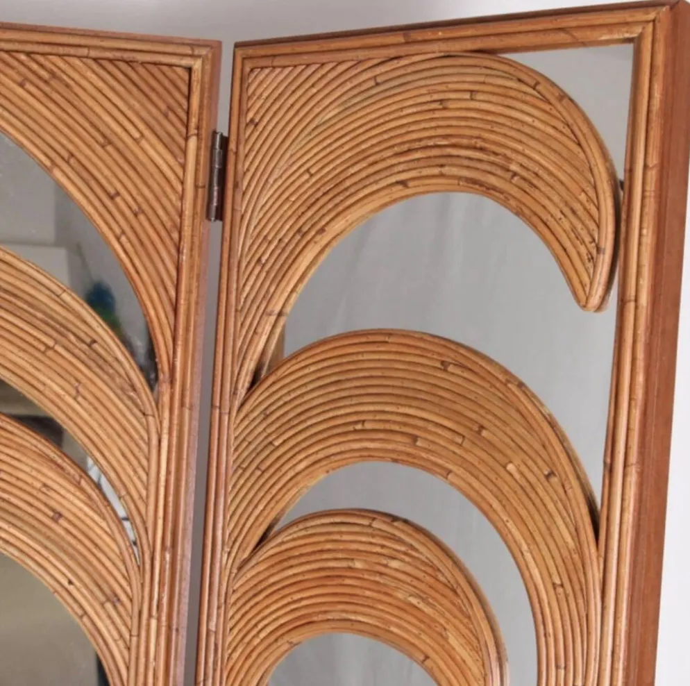 Paravent « palmes » en rotin et miroirs