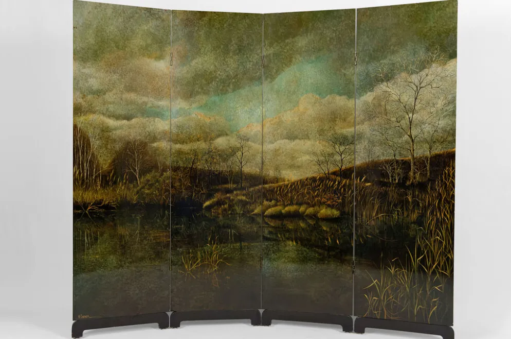 Paravent par Bernard Cuenin au paysage laqué, circa 1970