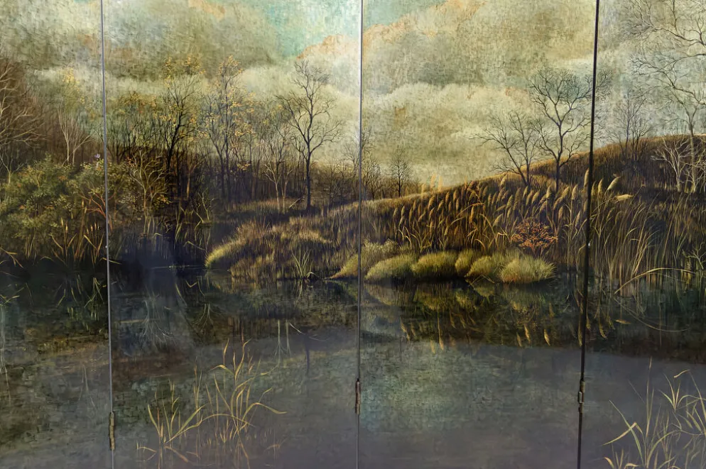Paravent par Bernard Cuenin au paysage laqué, circa 1970