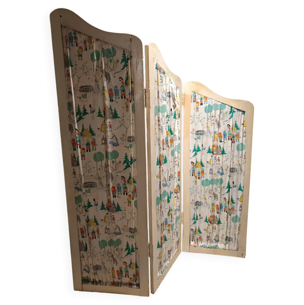 Paravent pour enfant vintage en bois 1950/1960 tissus conte de fées