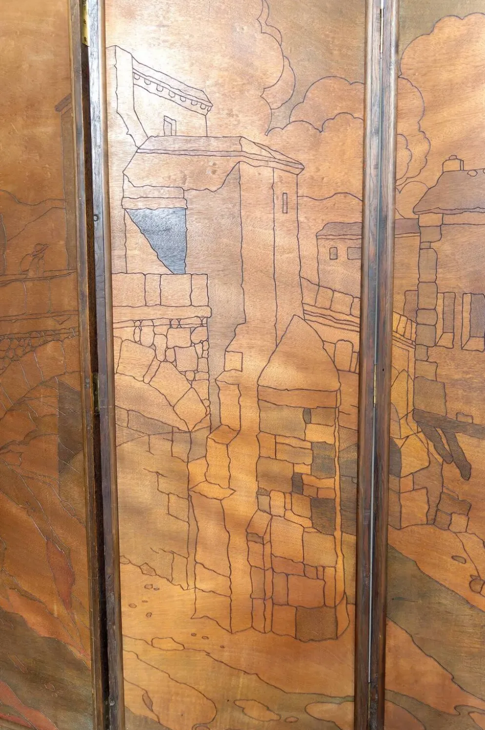 Paravent Pyrogravé, Ville Médiévale Méditerranéenne, Art Nouveau/Déco, 1930