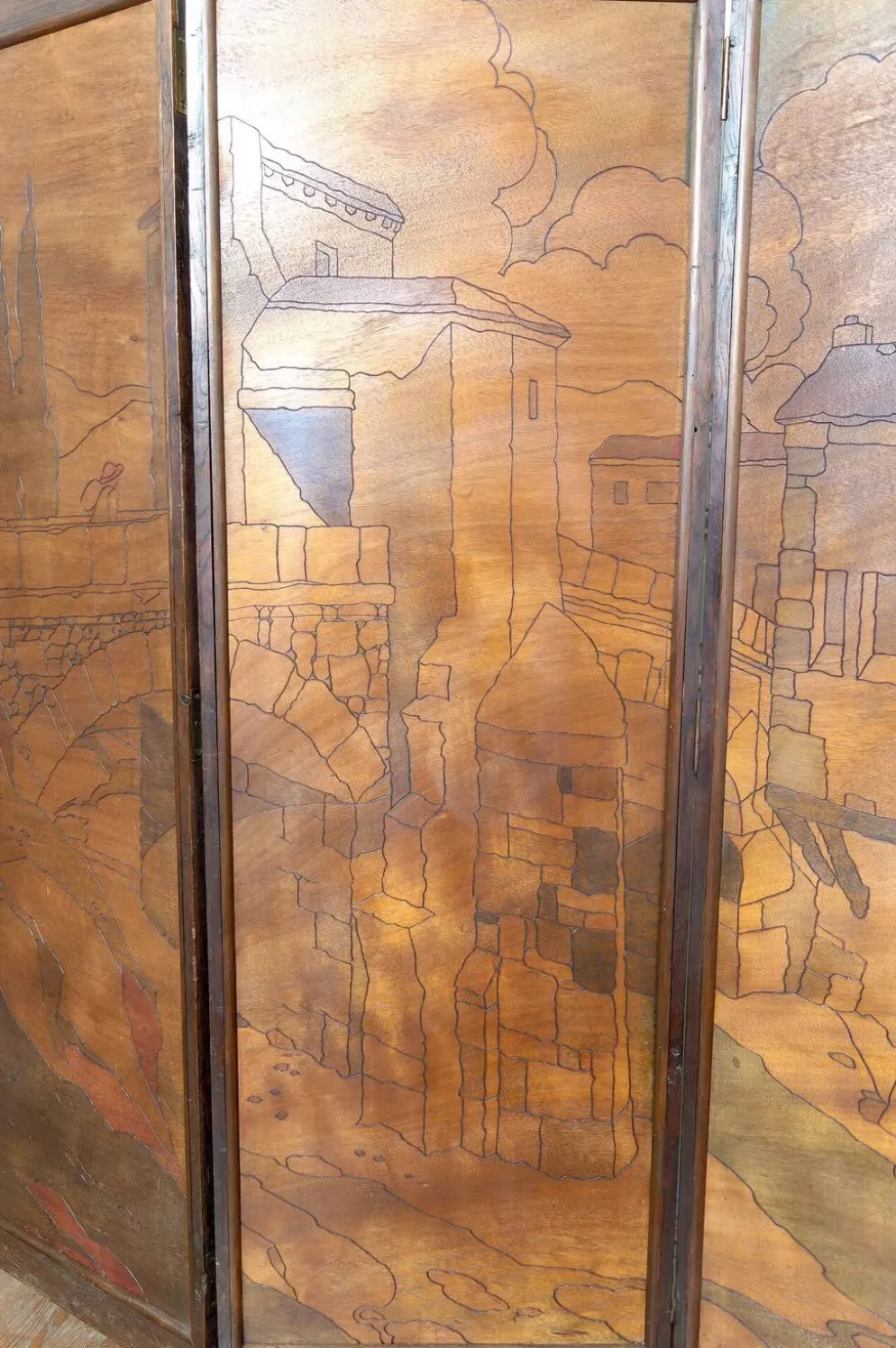 Paravent Pyrogravé, Ville Médiévale Méditerranéenne, Art Nouveau/Déco, 1930