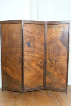Paravent Pyrogravé, Ville Médiévale Méditerranéenne, Art Nouveau/Déco, 1930