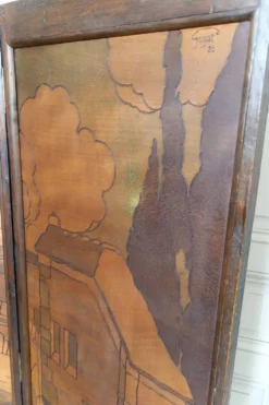 Paravent Pyrogravé, Ville Médiévale Méditerranéenne, Art Nouveau/Déco, 1930