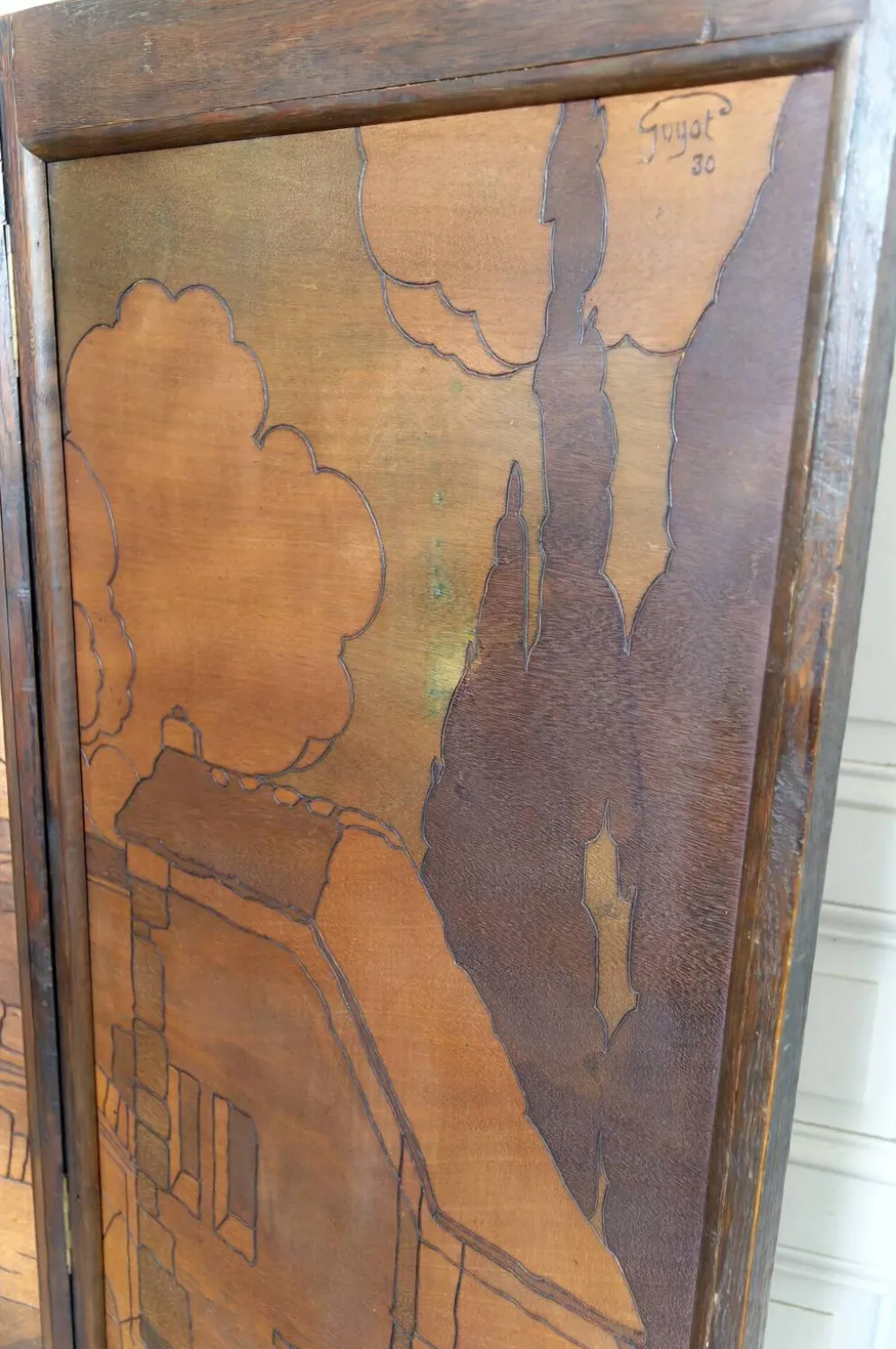 Paravent Pyrogravé, Ville Médiévale Méditerranéenne, Art Nouveau/Déco, 1930