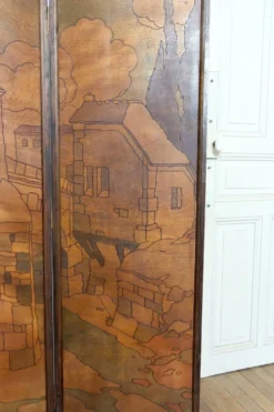 Paravent Pyrogravé, Ville Médiévale Méditerranéenne, Art Nouveau/Déco, 1930
