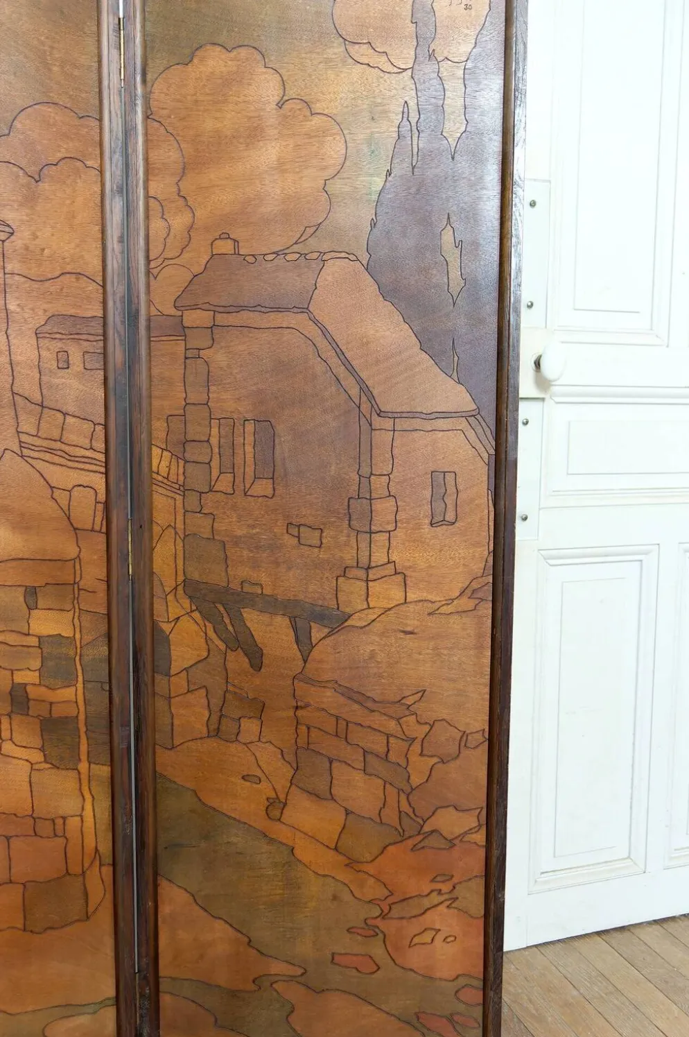 Paravent Pyrogravé, Ville Médiévale Méditerranéenne, Art Nouveau/Déco, 1930