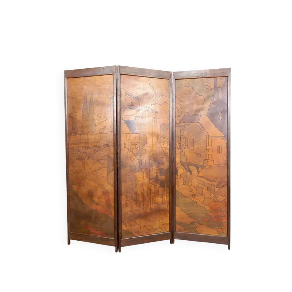Paravent Pyrogravé, Ville Médiévale Méditerranéenne, Art Nouveau/Déco, 1930