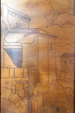 Paravent Pyrogravé, Ville Médiévale Méditerranéenne, Art Nouveau/Déco, 1930