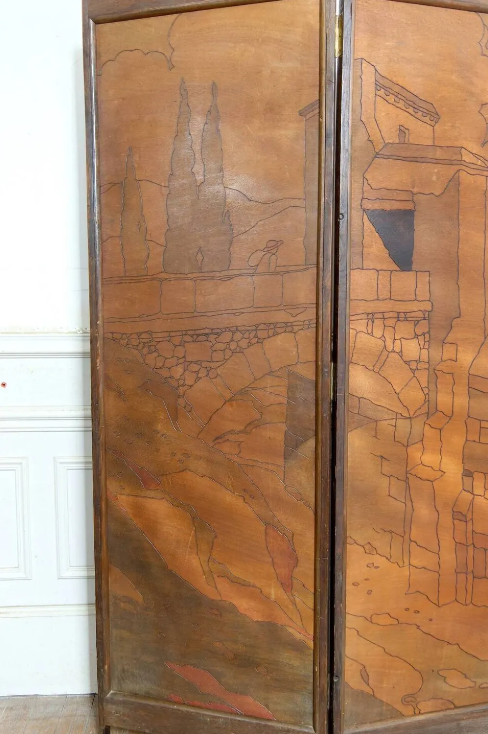 Paravent Pyrogravé, Ville Médiévale Méditerranéenne, Art Nouveau/Déco, 1930