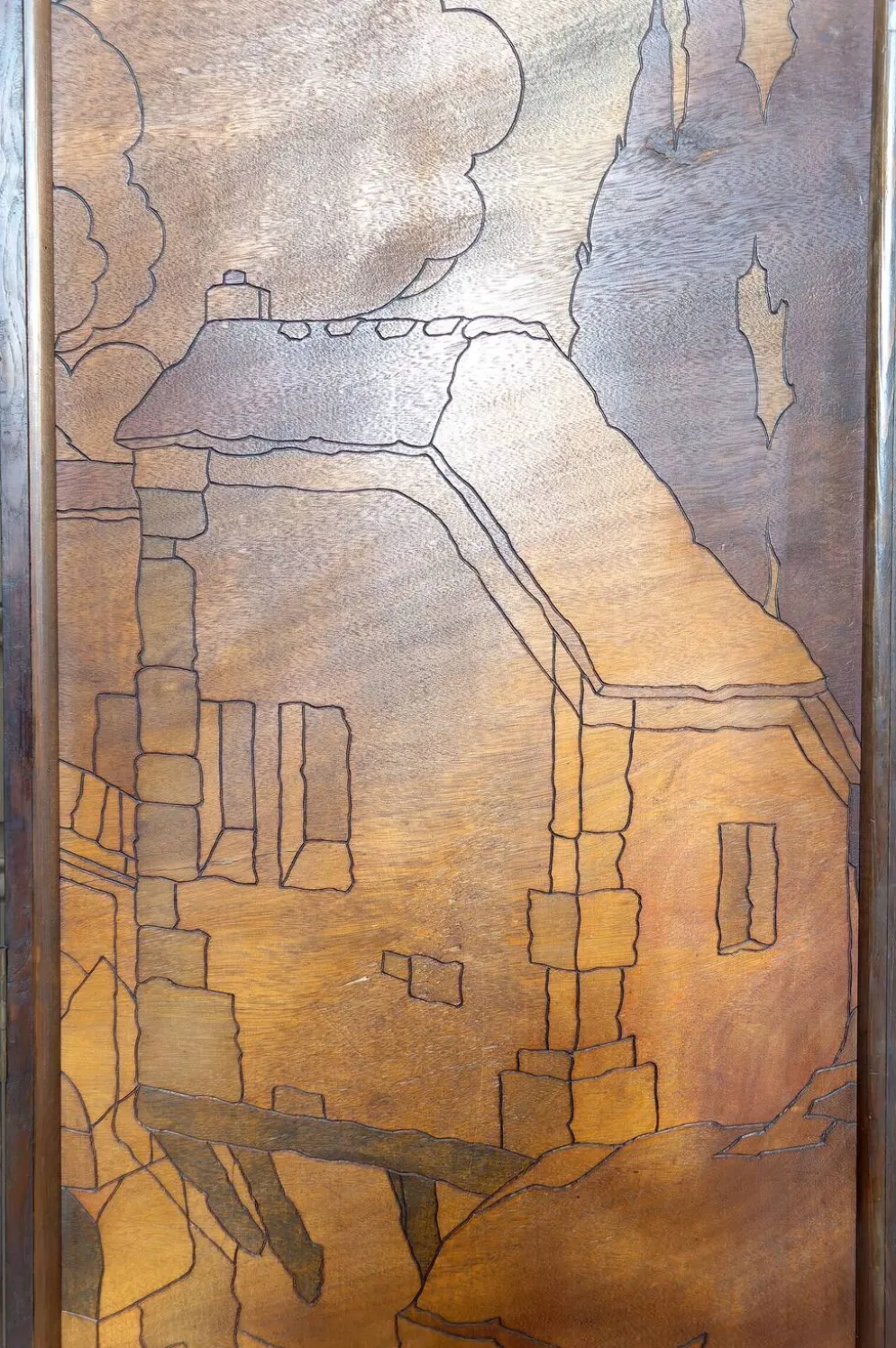Paravent Pyrogravé, Ville Médiévale Méditerranéenne, Art Nouveau/Déco, 1930