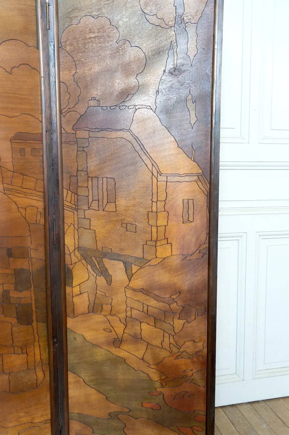 Paravent Pyrogravé, Ville Médiévale Méditerranéenne, Art Nouveau/Déco, 1930