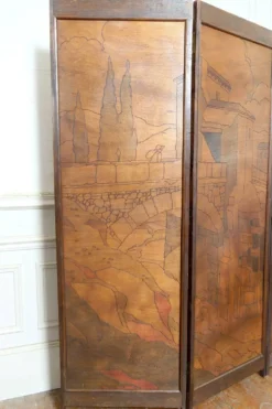 Paravent Pyrogravé, Ville Médiévale Méditerranéenne, Art Nouveau/Déco, 1930