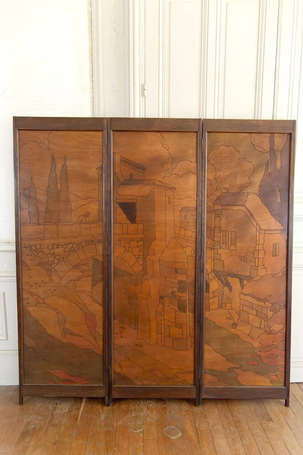 Paravent Pyrogravé, Ville Médiévale Méditerranéenne, Art Nouveau/Déco, 1930