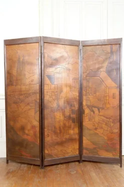 Paravent Pyrogravé, Ville Médiévale Méditerranéenne, Art Nouveau/Déco, 1930
