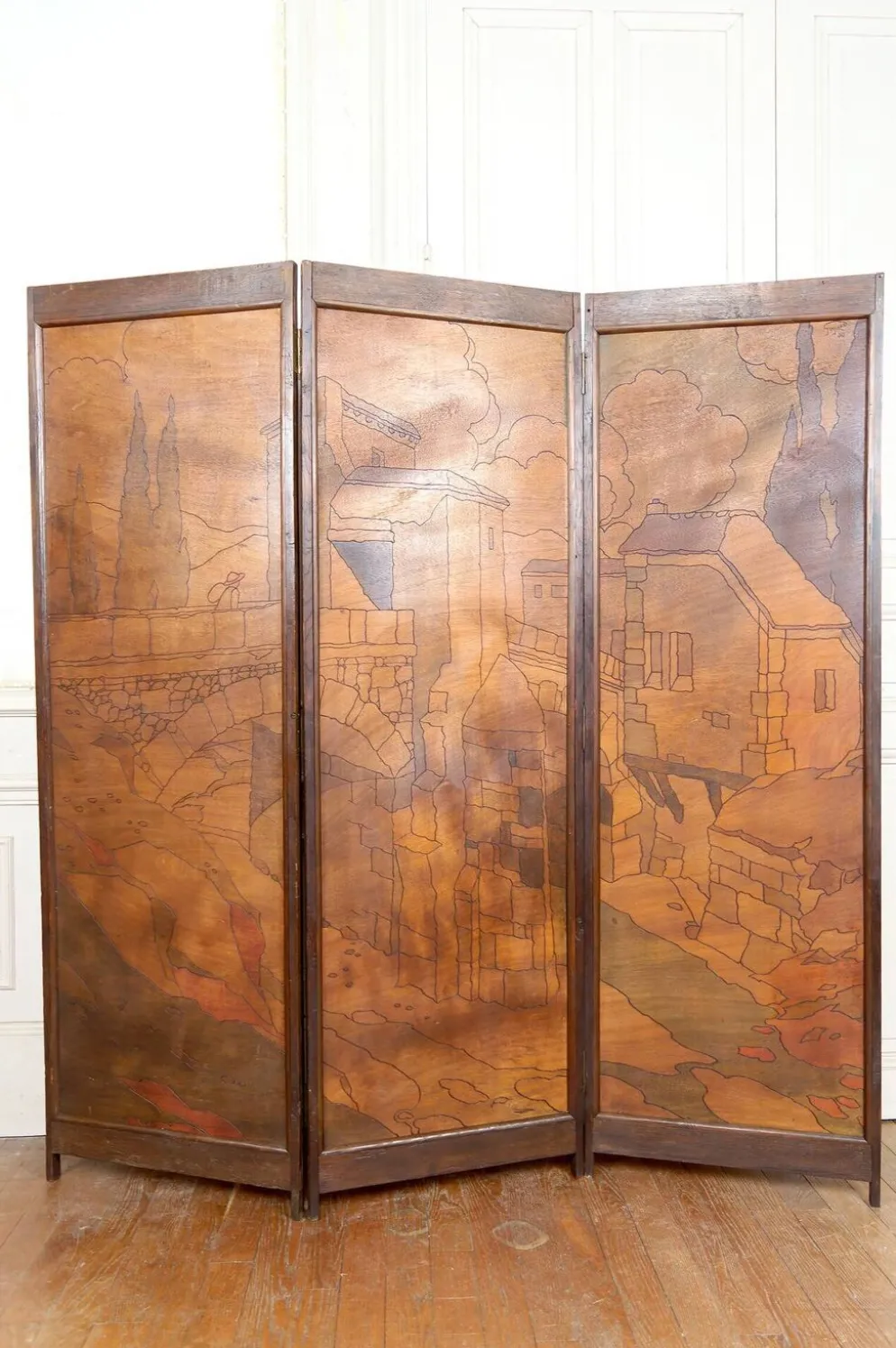 Paravent Pyrogravé, Ville Médiévale Méditerranéenne, Art Nouveau/Déco, 1930