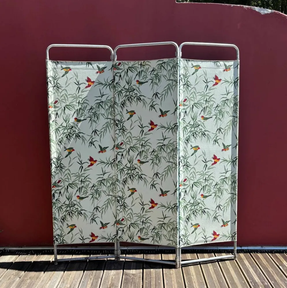 2 paravents 3 panneaux en tube métal et tissu des années 50
