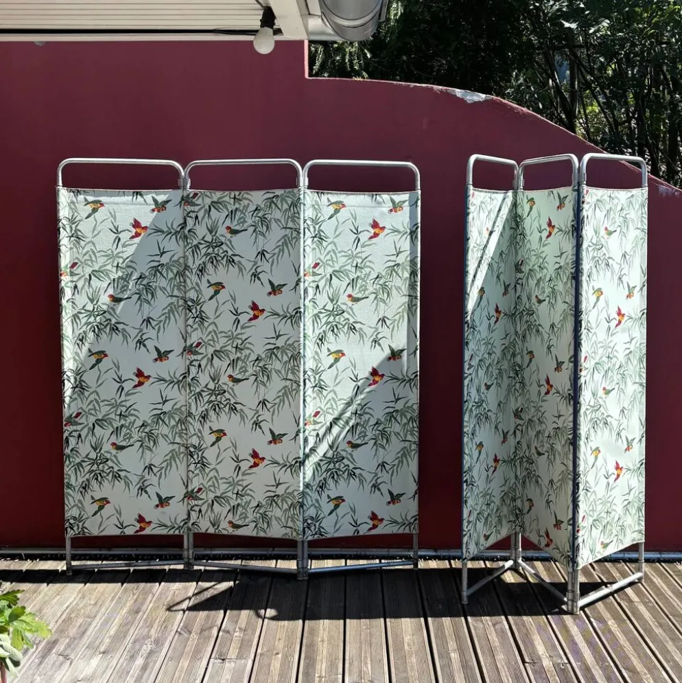 2 paravents 3 panneaux en tube métal et tissu des années 50