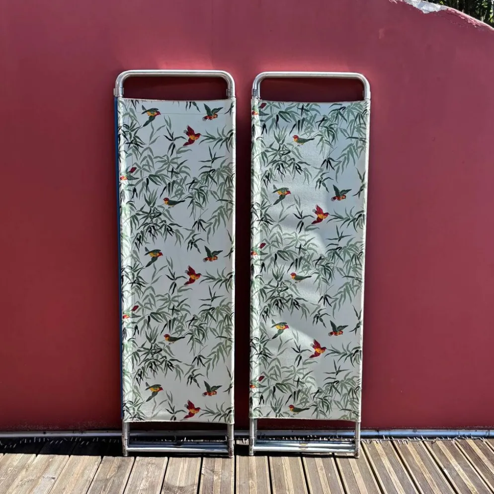 2 paravents 3 panneaux en tube métal et tissu des années 50