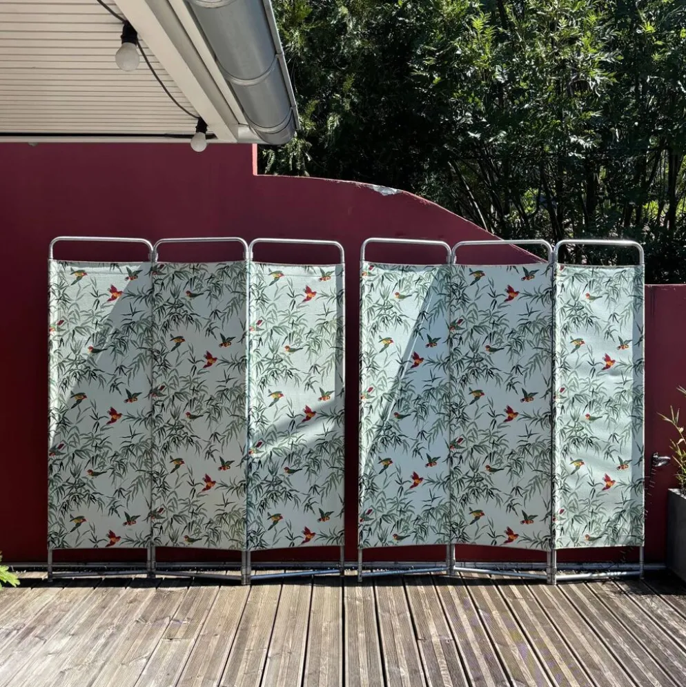 2 paravents 3 panneaux en tube métal et tissu des années 50