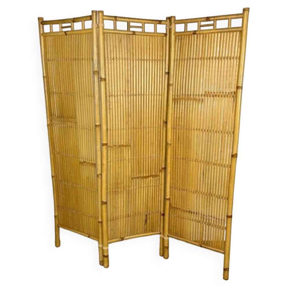 Paravent vintage en rotin et bambou 3 volets