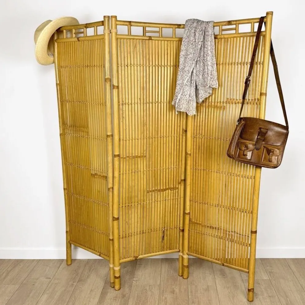Paravent vintage en rotin et bambou 3 volets