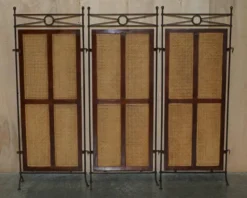 Paravent vintage 3 panneaux en fer forgé, bergère et bois dur