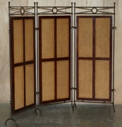 Paravent vintage 3 panneaux en fer forgé, bergère et bois dur