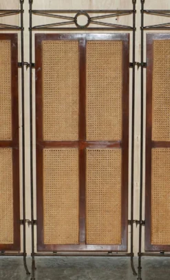 Paravent vintage 3 panneaux en fer forgé, bergère et bois dur