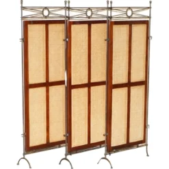 Paravent vintage 3 panneaux en fer forgé, bergère et bois dur