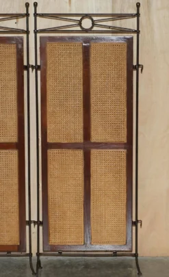 Paravent vintage 3 panneaux en fer forgé, bergère et bois dur