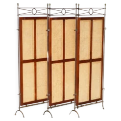 Paravent vintage 3 panneaux en fer forgé, bergère et bois dur