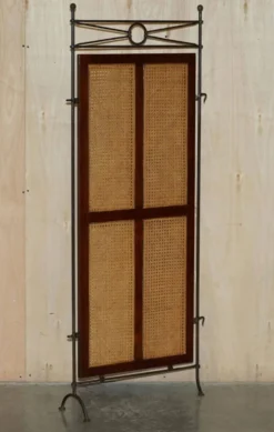 Paravent vintage 3 panneaux en fer forgé, bergère et bois dur