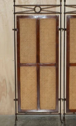 Paravent vintage 3 panneaux en fer forgé, bergère et bois dur