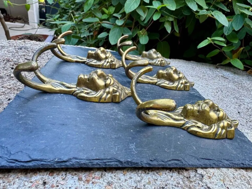 5 patères lion en laiton massif Art Nouveau