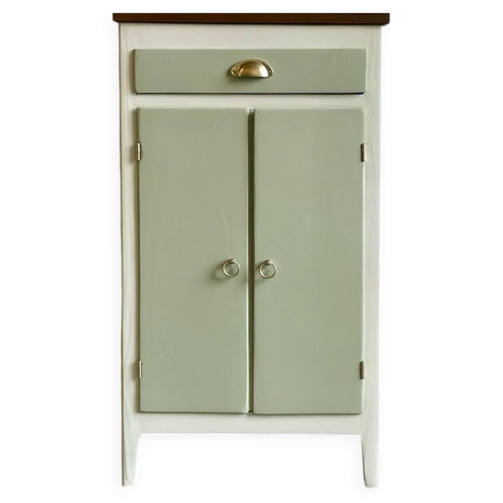 Petit buffet confiturier parisien vintage vert sauge – charme rétro