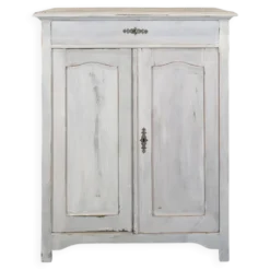 Petit buffet deux portes un tiroir en bois patiné blanc