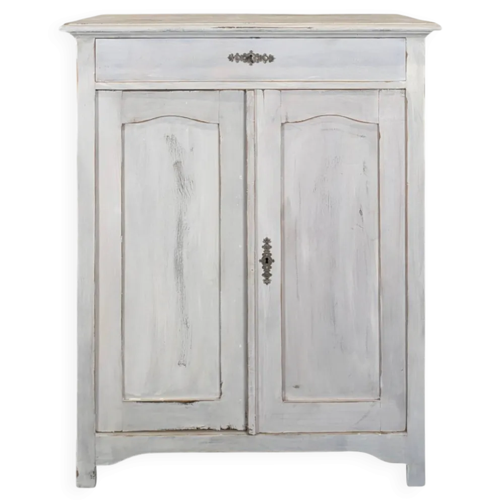 Petit buffet deux portes un tiroir en bois patiné blanc