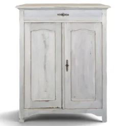 Petit buffet deux portes un tiroir en bois patiné blanc