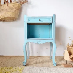 Petit chevet vintage bois patiné bleu azur