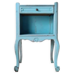 Petit chevet vintage bois patiné bleu azur