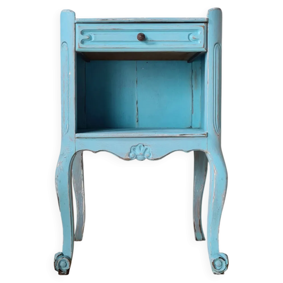 Petit chevet vintage bois patiné bleu azur