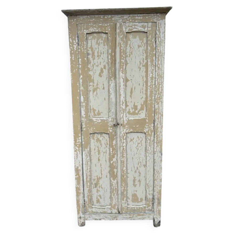 Petite armoire ancienne patine blanche dégradée