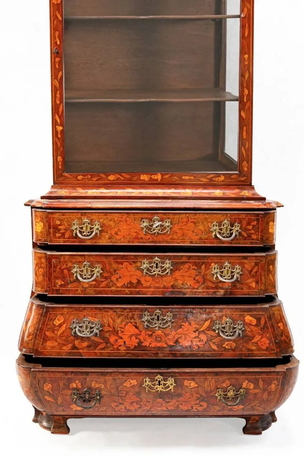 Petite armoire vitrine néerlandaise ancienne en marqueterie florale