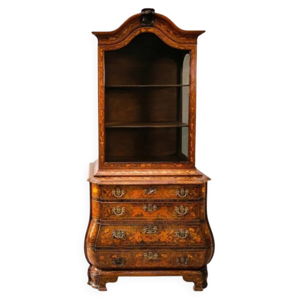 Petite armoire vitrine néerlandaise ancienne en marqueterie florale