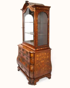 Petite armoire vitrine néerlandaise ancienne en marqueterie florale