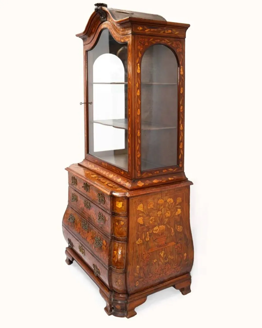 Petite armoire vitrine néerlandaise ancienne en marqueterie florale