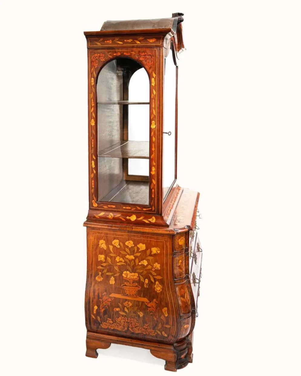 Petite armoire vitrine néerlandaise ancienne en marqueterie florale