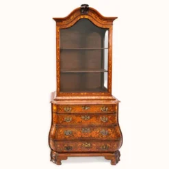 Petite armoire vitrine néerlandaise ancienne en marqueterie florale