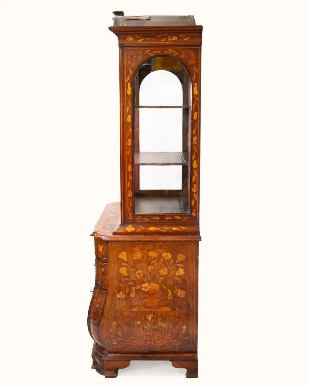 Petite armoire vitrine néerlandaise ancienne en marqueterie florale